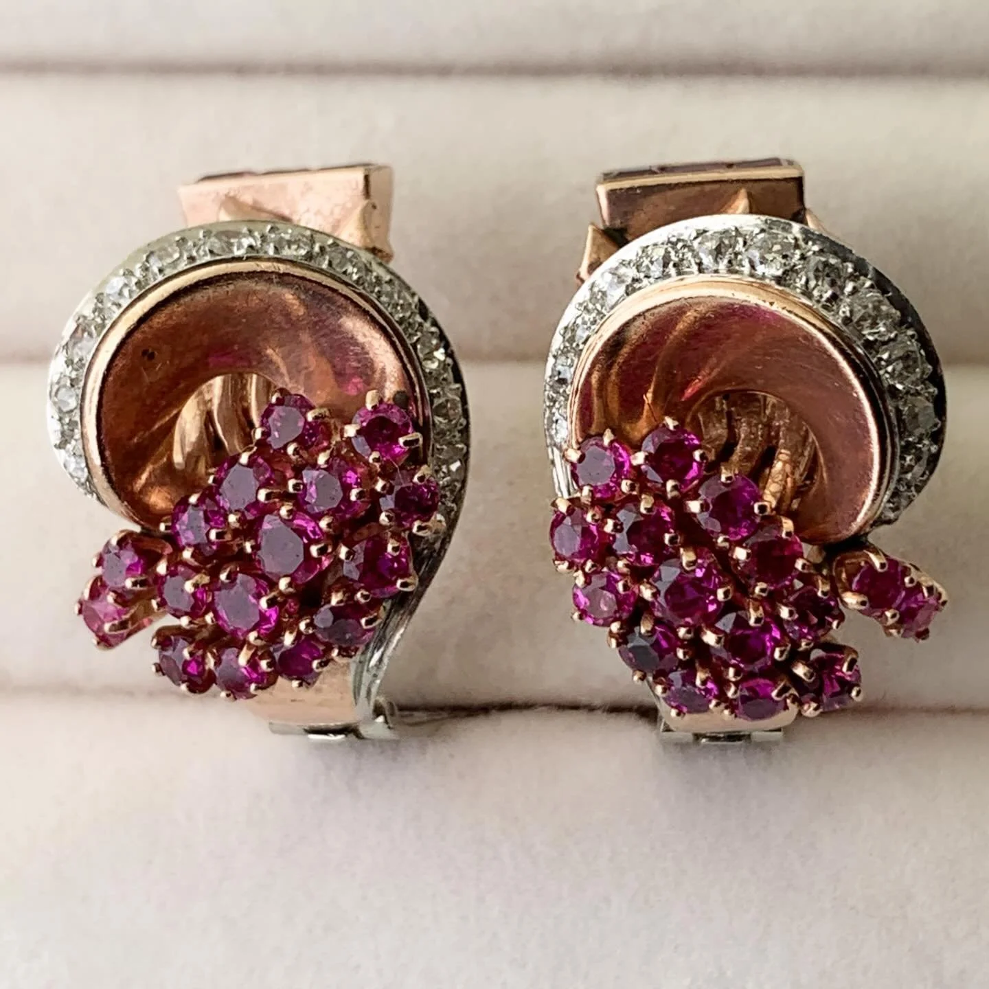Estate 14k Rose &amp; White Gold Retro Style Diamond &amp; Ruby Statement Earrings 

DM to inquire 

805-03310