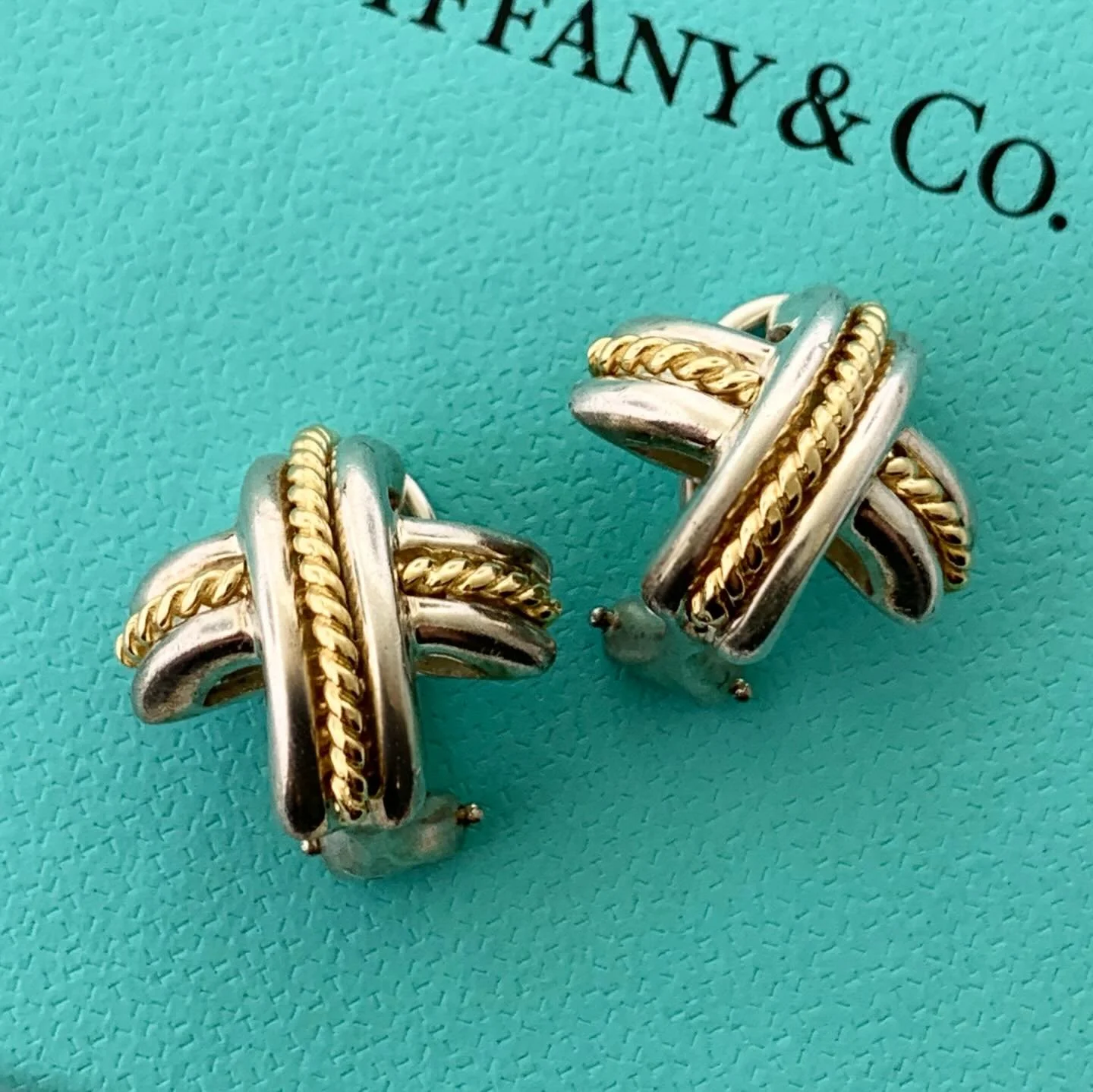 Estate Tiffany &amp; Co. Sterling Silver &amp; 18k Yellow Gold &lsquo;X&rsquo; Earrings 

Swipe for scale >> 

DM to inquire 

815-18768