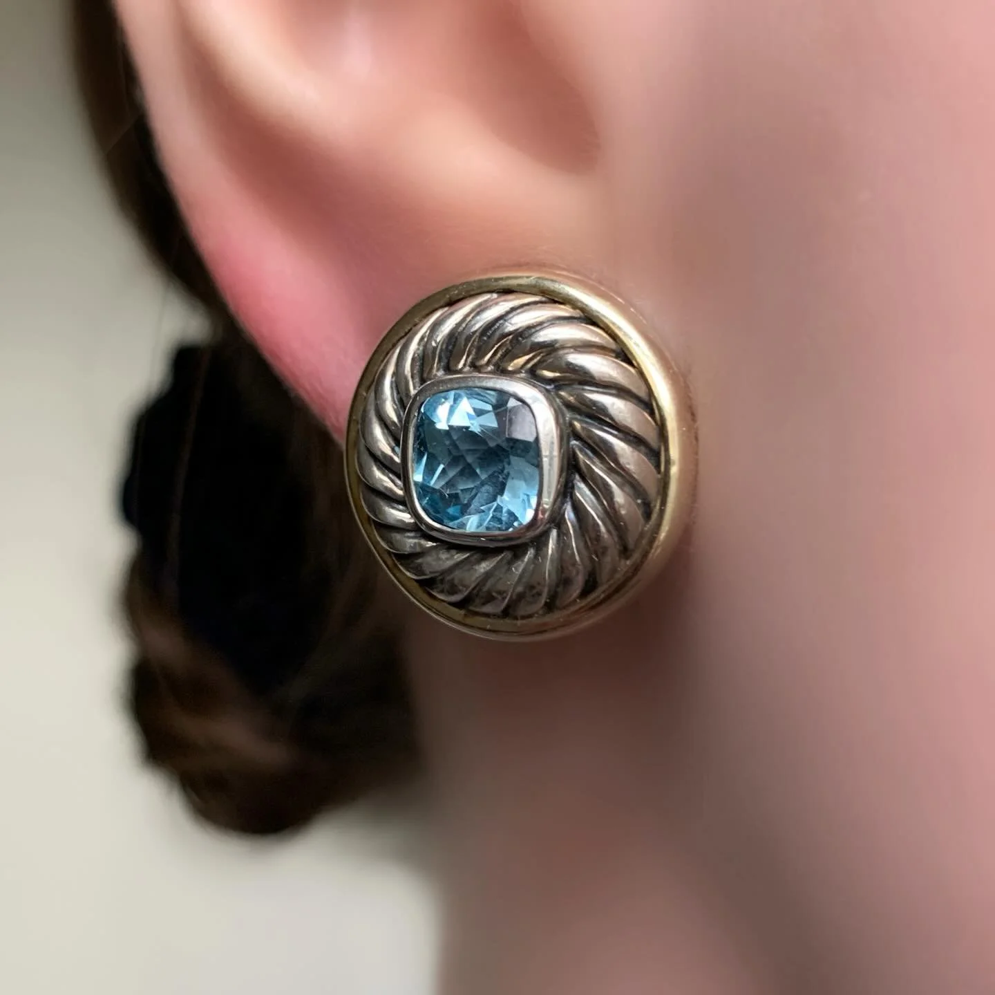 Estate David Yurman Sterling Silver &amp; 14k Yellow Gold Blue Topaz Earrings 

DM to inquire 

815-18779