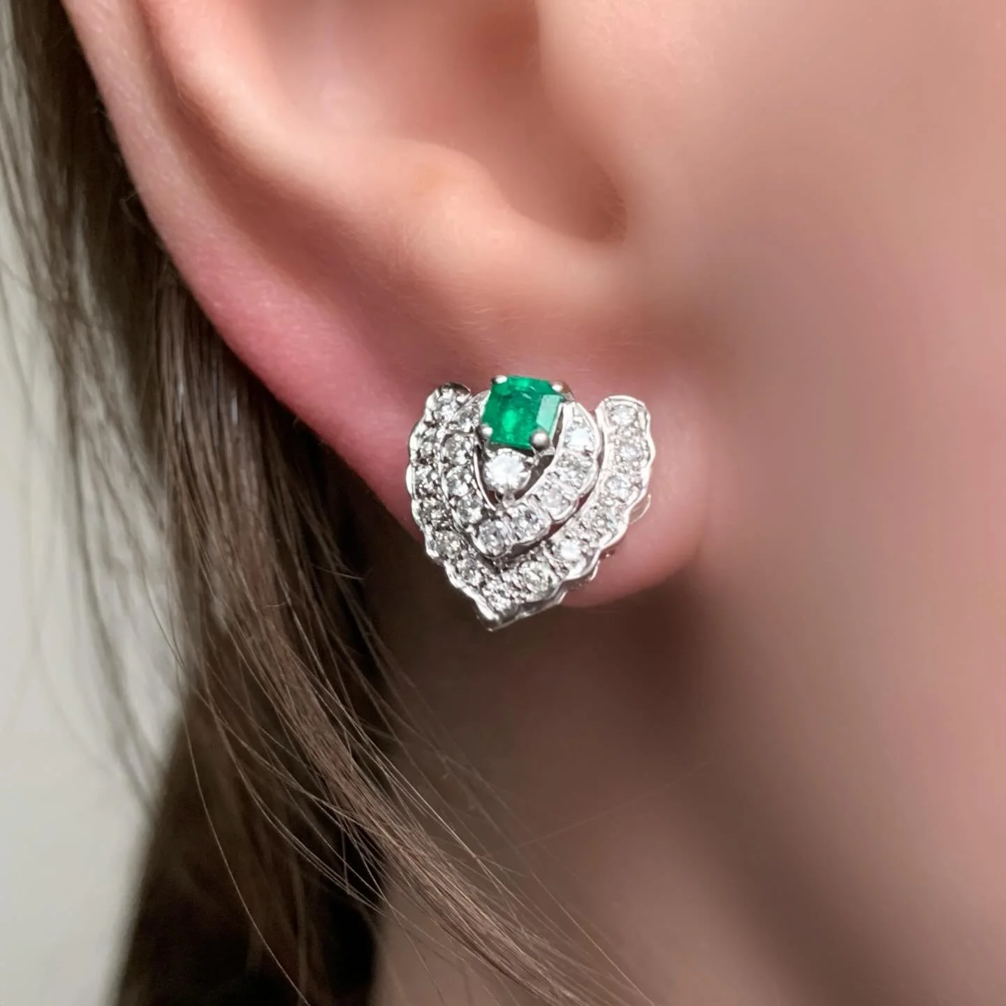 Estate 14k White Gold Art Deco Inspired Diamond &amp; 4mm Square Emerald Earrings w/ Omega Style Backs 💎 1 carat total 

DM to inquire 

815-18378
