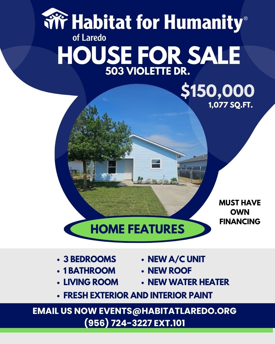 HOUSE FOR SALE – 503 Violette Dr.
• 3 Bedrooms
• 1 Bathroom
• New A/C Unit
• New Roof
• Living Room
• New Water Heater
• Fresh Interior & Exterior Paint
Interested? Send your name and phone number to event