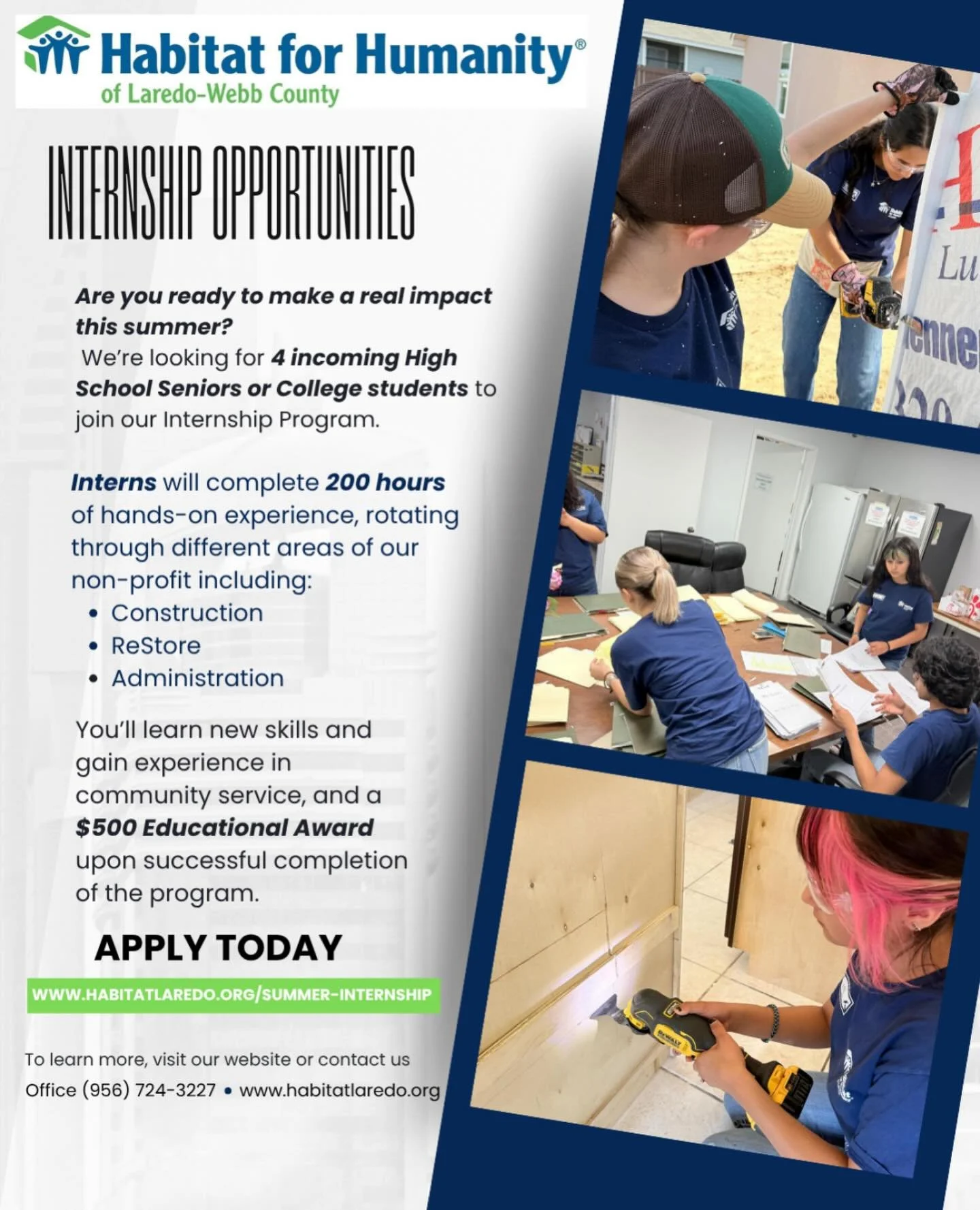 Ready to make a real impact this summer?🏡💚 Habitat for Humanity of Laredo-Webb County is now accepting applications for our Summer Internship Program! Get hands-on experience in construction, ReStore, and administration while giving back to your co