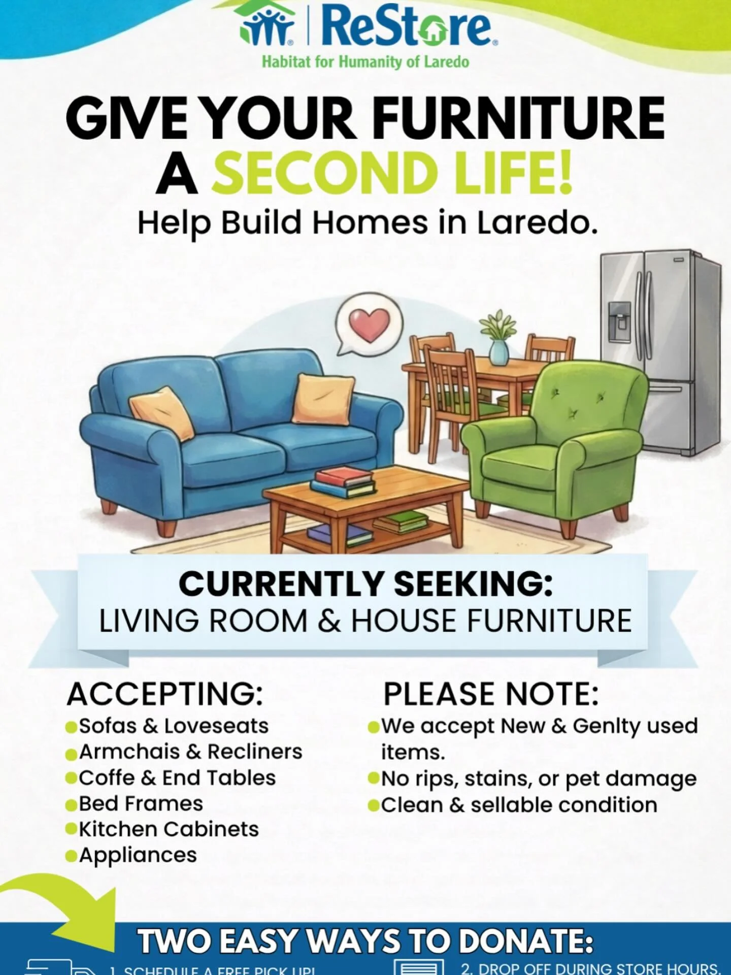 Got furniture you don&rsquo;t need anymore? Give it a second life and help build homes right here in Laredo 🏡 Every donation makes an impact.