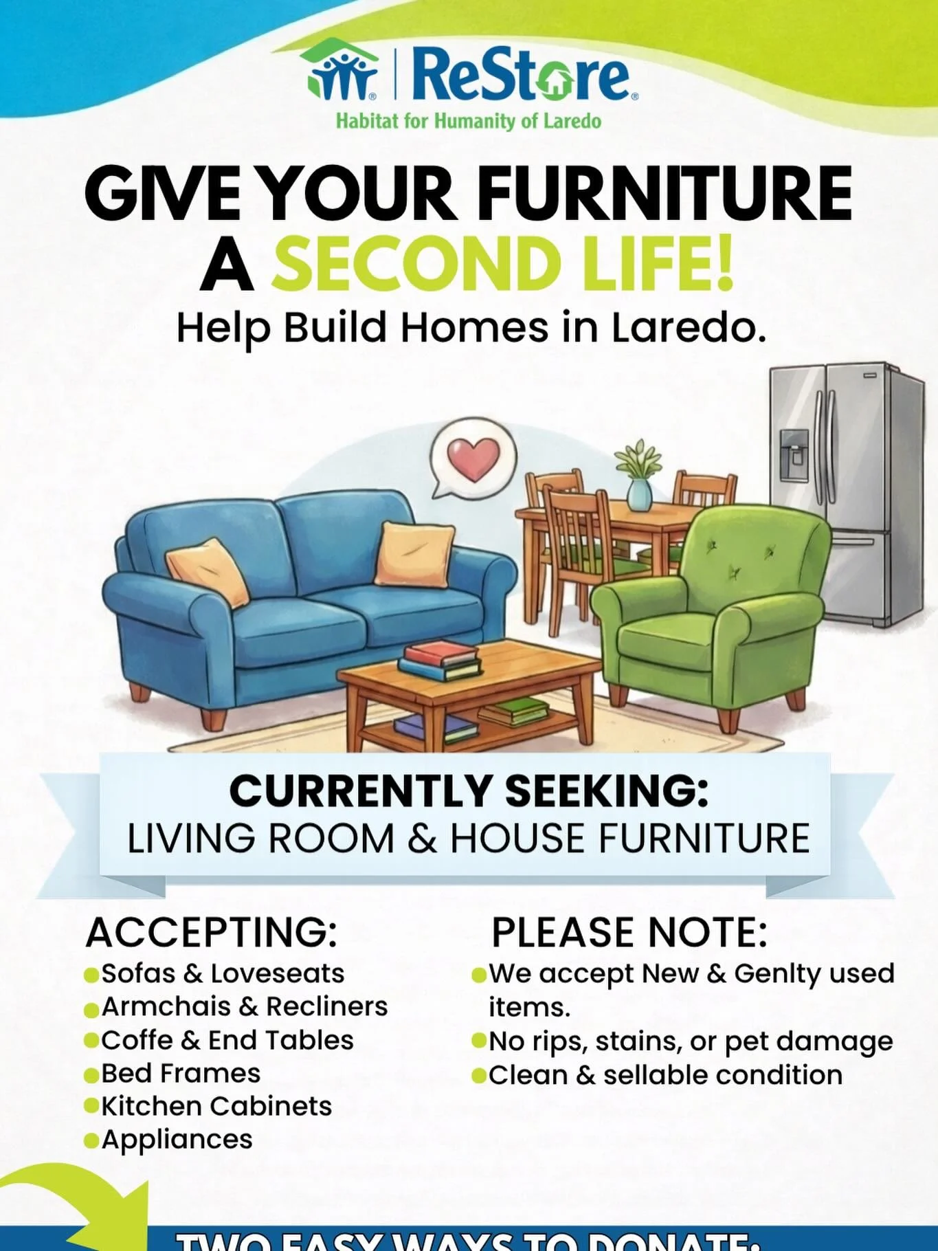 Got furniture you don&rsquo;t need anymore? Give it a second life and help build homes right here in Laredo 🏡 Every donation makes an impact.