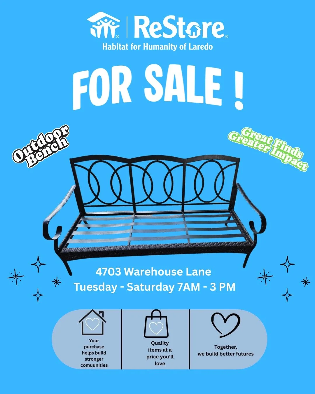 Your next great find is waiting at the Restore! Shop with a purpose.
4703 Warehouse Ln, Laredo TX
Tuesday - Saturday 7 am - 3 pm
