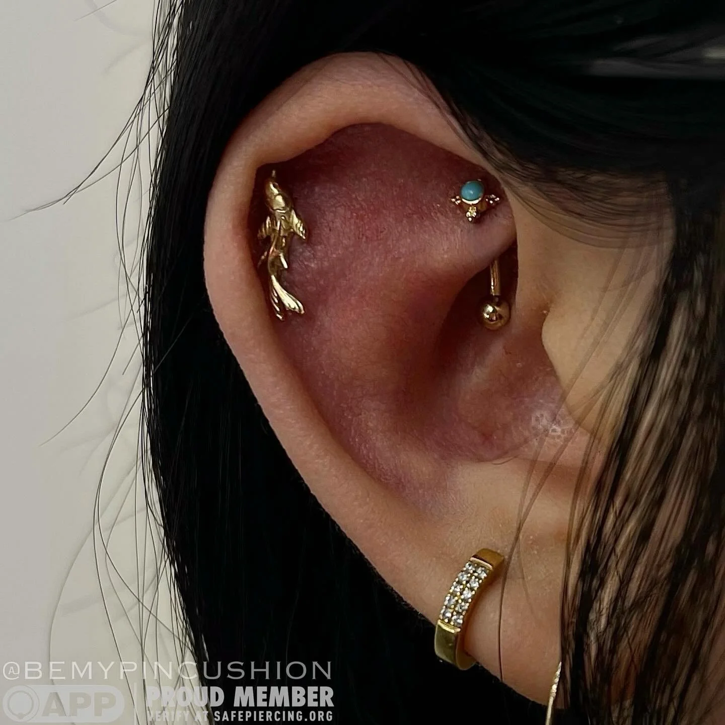 Fresh rook for this lovely lady! "Mini Kandy" with genuine turquoise set in solid yellow gold with a matching curved barbell from @bvla. Obsessed. π
.
.
.
.
.
#rook #rookpiercing #bvla #safepiercing #bodypiercing #piercings #piercing #fine