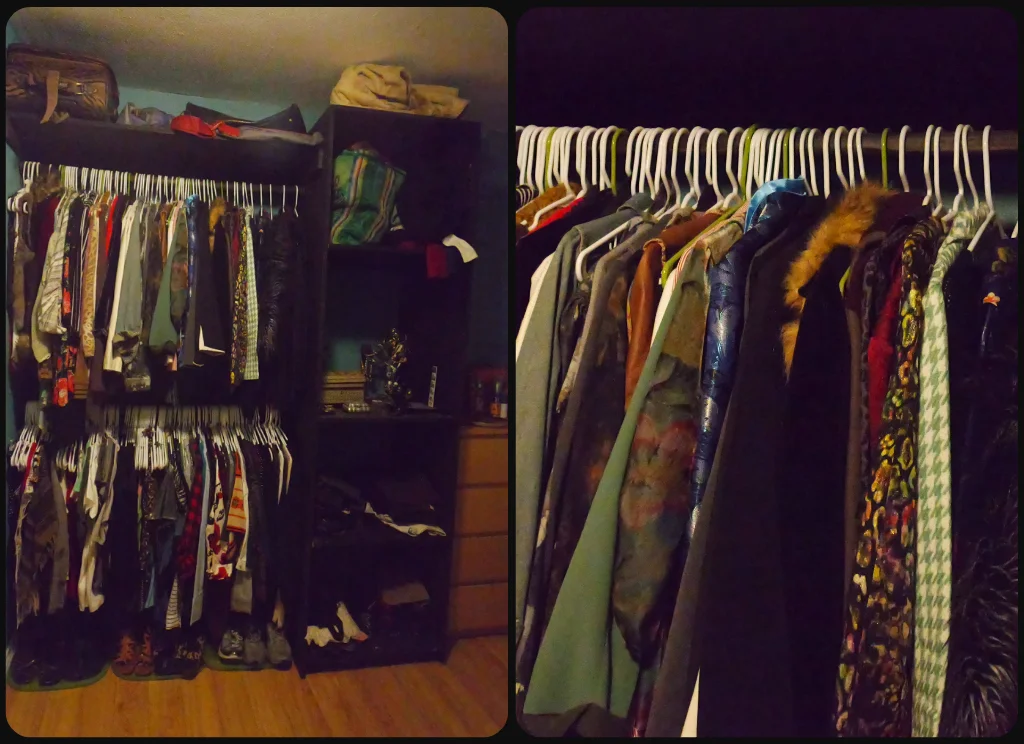 Closet organized by item type: colored hangers used as dividers, storage bin lids used as sliding shoe drawers, and travel gear placed on the highest shelves.