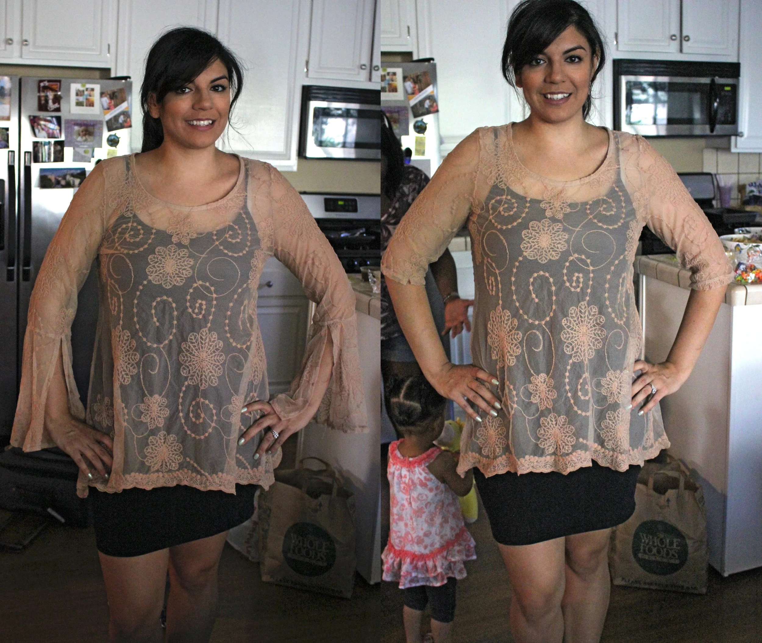 Before: bell sleeves weren't practical, and they added too much width at the hip area. After: 3/4 sleeves create a cleaner, more slimming look that emphasizes the waist instead of the hip.