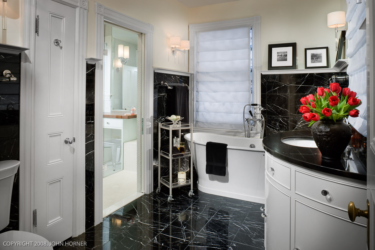  Another view of black and white master bath. 