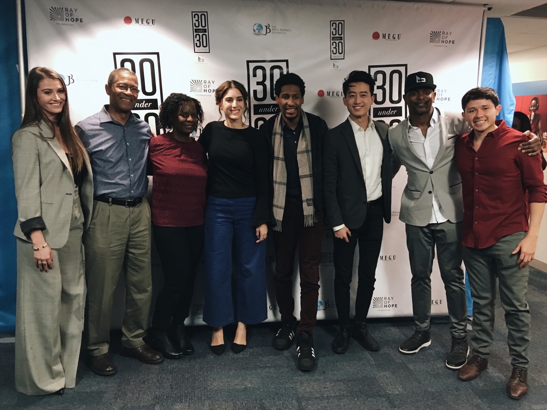 Left to right: 30Under30 Film Festival President Courtney Baxter , Mr. & Mrs. Batiste , Suleika Jaouad of New York Times , Jon Batiste of Late Show with Stephen Colbert, Artistic Director CheHo Lam , Jack Brewer of Brewer Media, 30Under30 Film Festival founder Sebastian Rea at Opening Ceremony of 30Under30 Film Festival at UN Women Headquarters in New York City