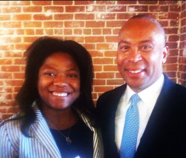2014 CVP Intern Rodania Saint Fleur with Fmr. Governor Deval Patrick at Fraunhofer Grand Opening.