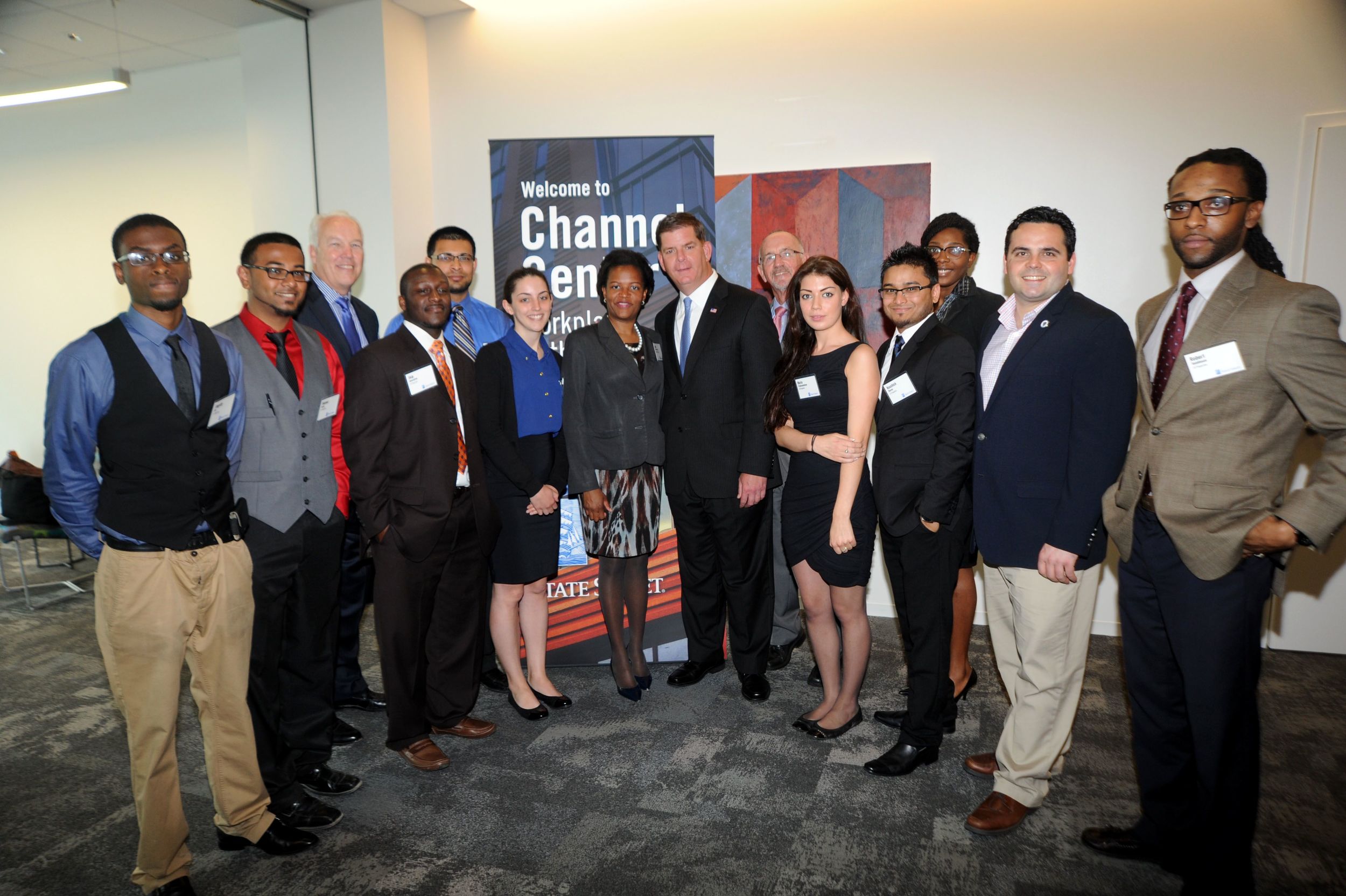 2014 interns at State Street Corp. ribbon cutting with Mayor Walsh, Sen. Dorcena-Forry, Rep. Nick Collins, Councilor Linehan and Dick Galvin.