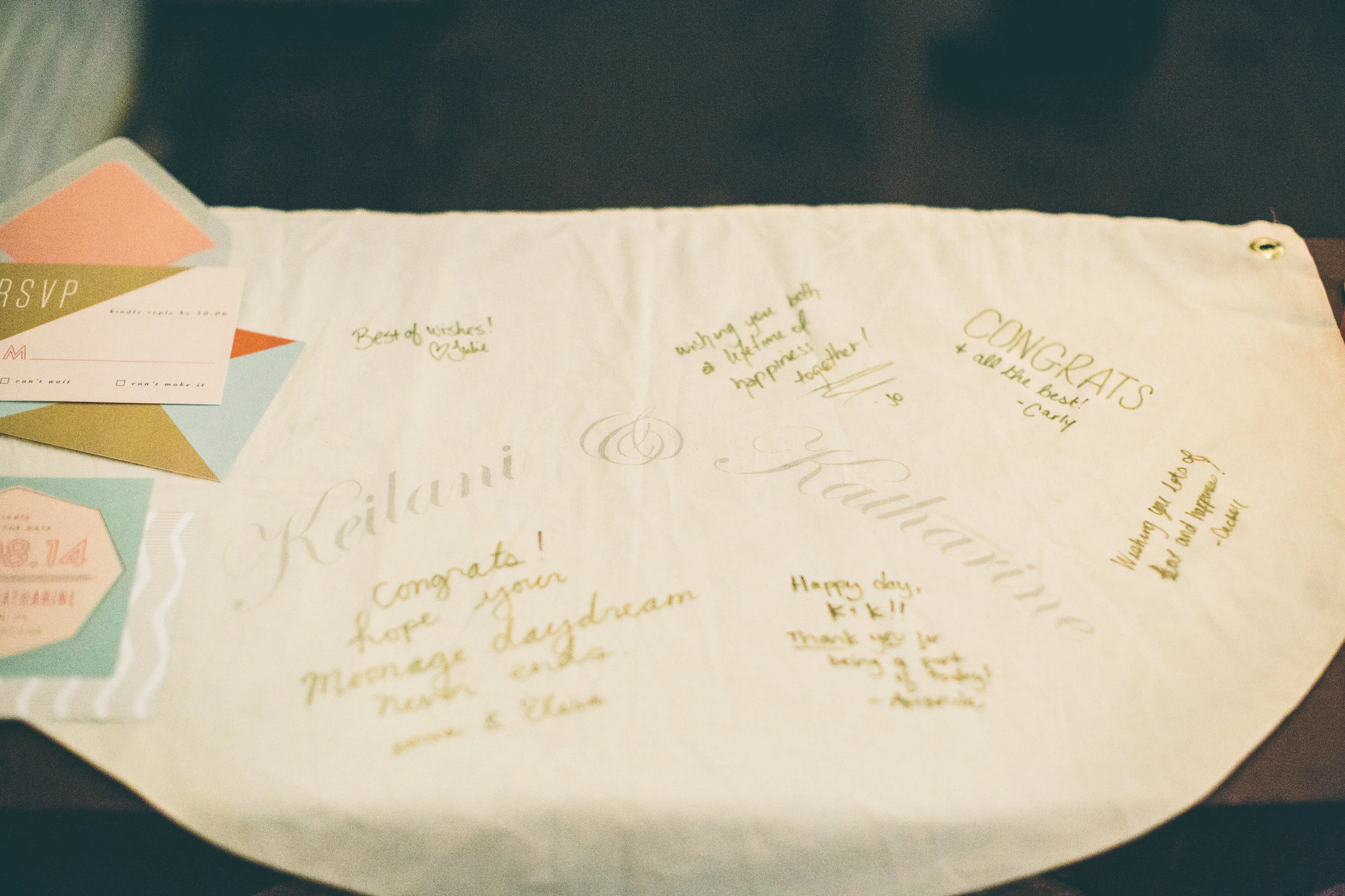 Keilani & Katherine A companion to the Moonage flag, this small banner functions as a monogram and a guest book for the wedding party. 1’x 2’ 2014