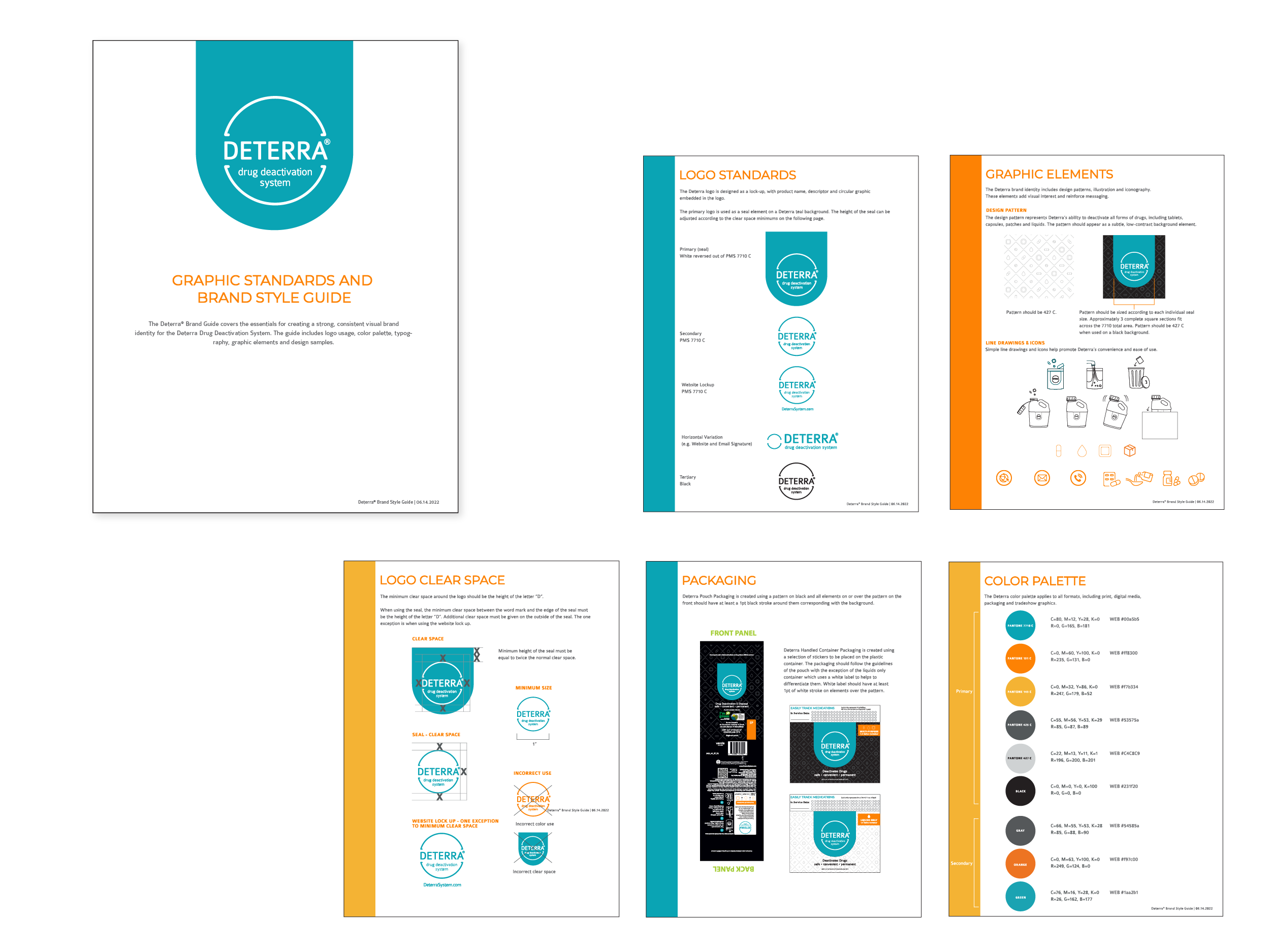 Deterra brand guidelines showing logo standards, graphic elements, clear space, packaging applications, and the color palette.