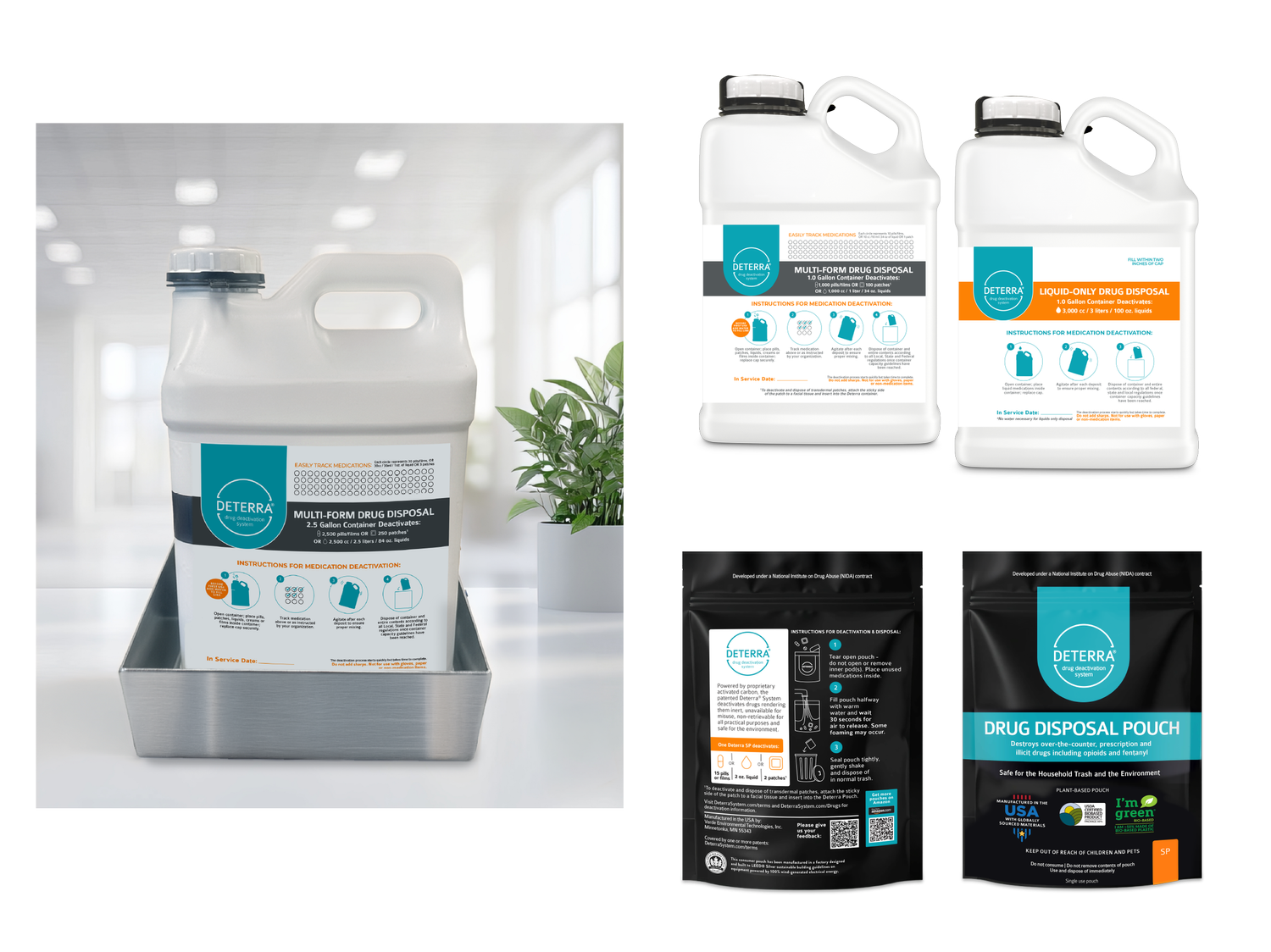 Deterra pouch and container packaging designs and 3D product renderings.