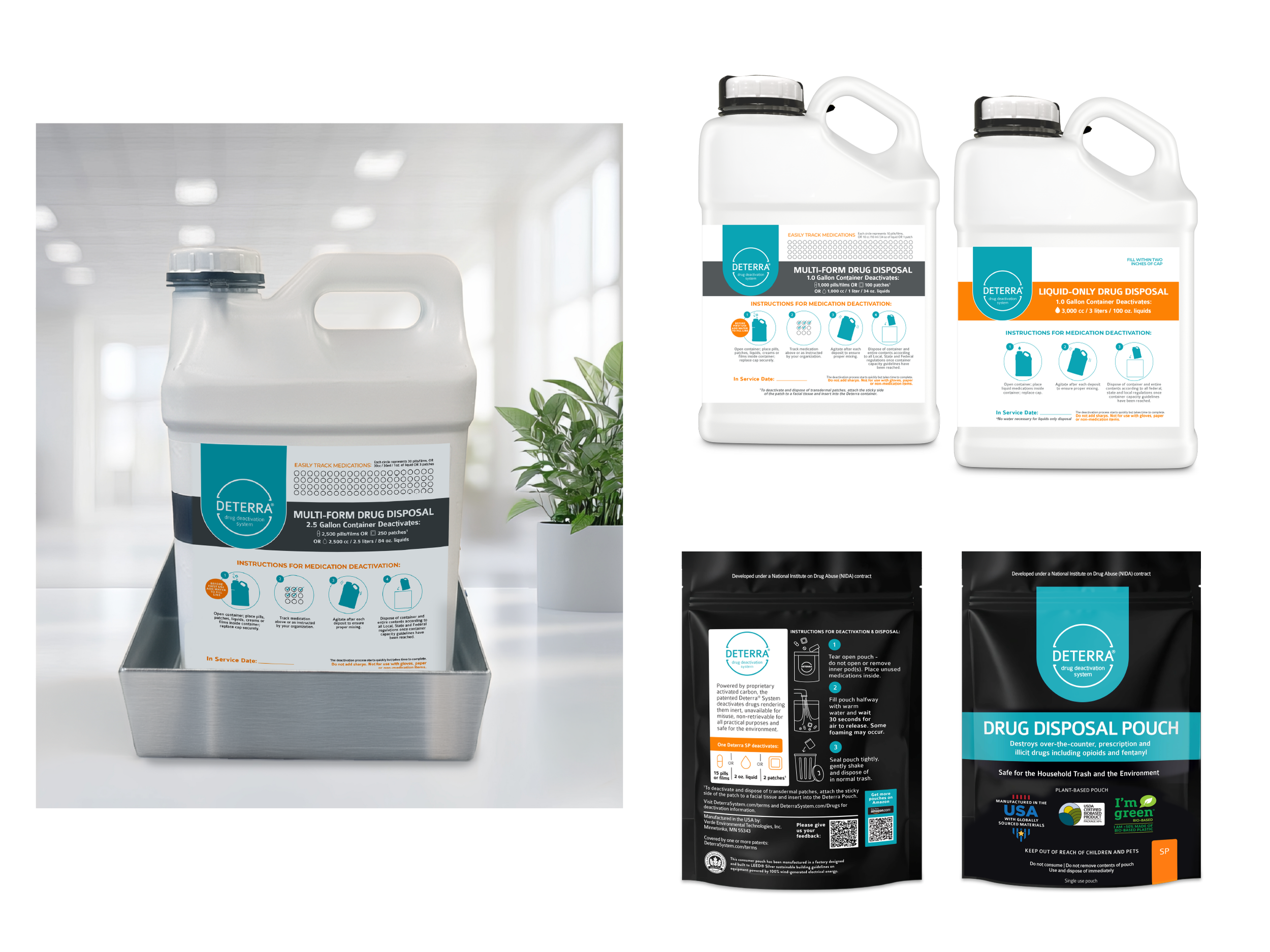 Deterra pouch and container packaging designs, with a container shown in context and 3D product renderings.