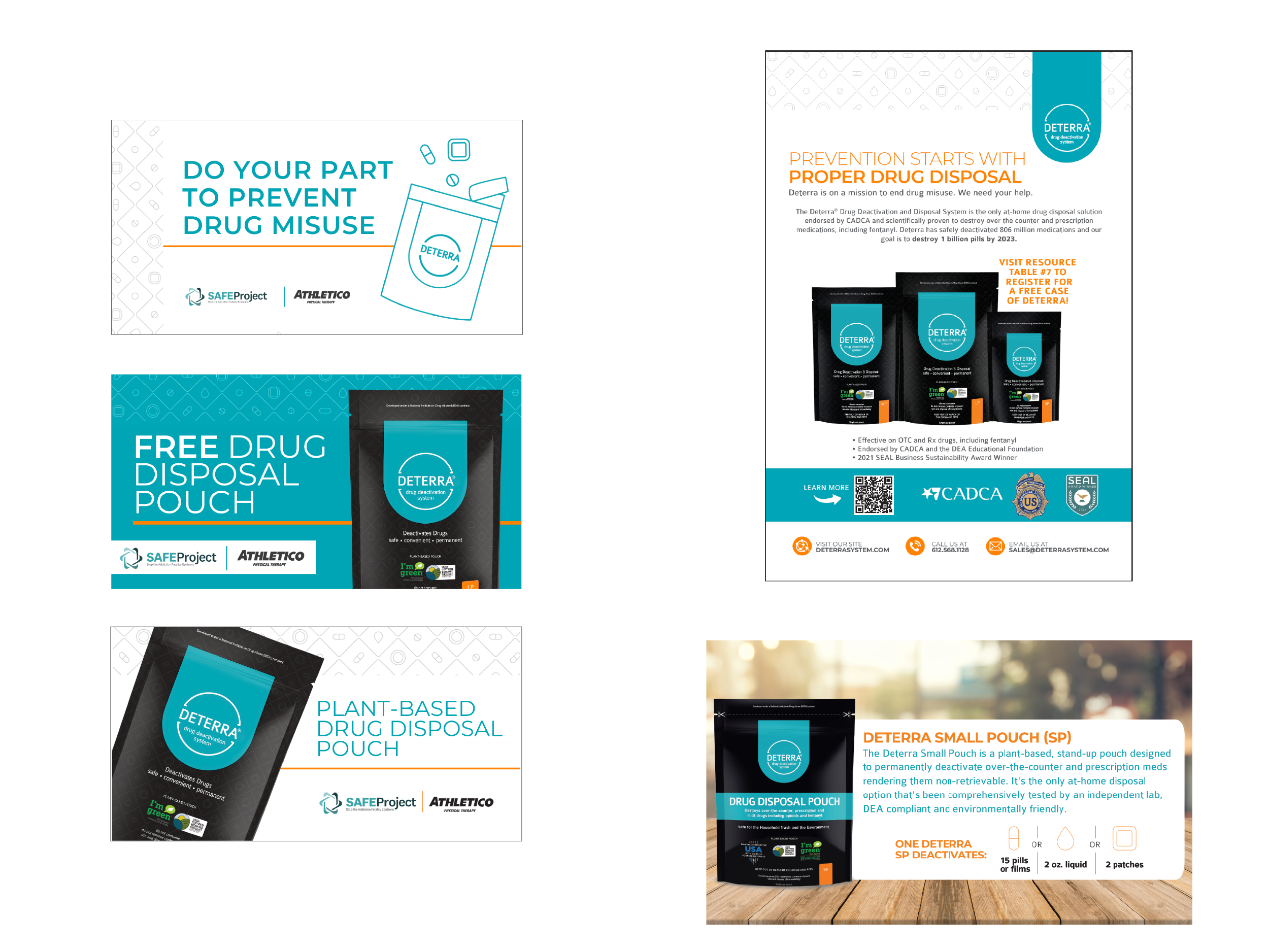 Deterra digital campaign graphics, a print advertisement, and a product-information graphic.