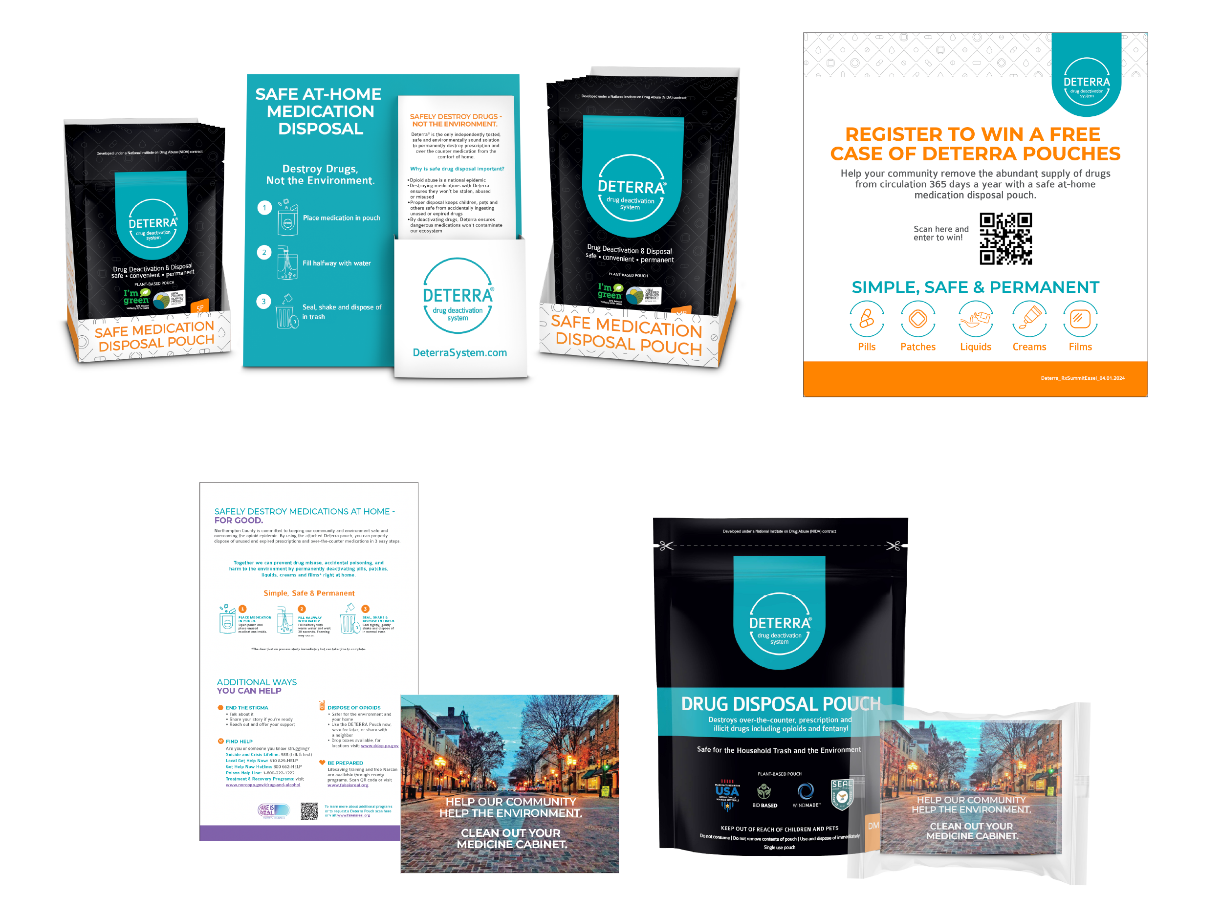 Deterra countertop displays and event signage, plus a customized community mailer and packaged pouch.