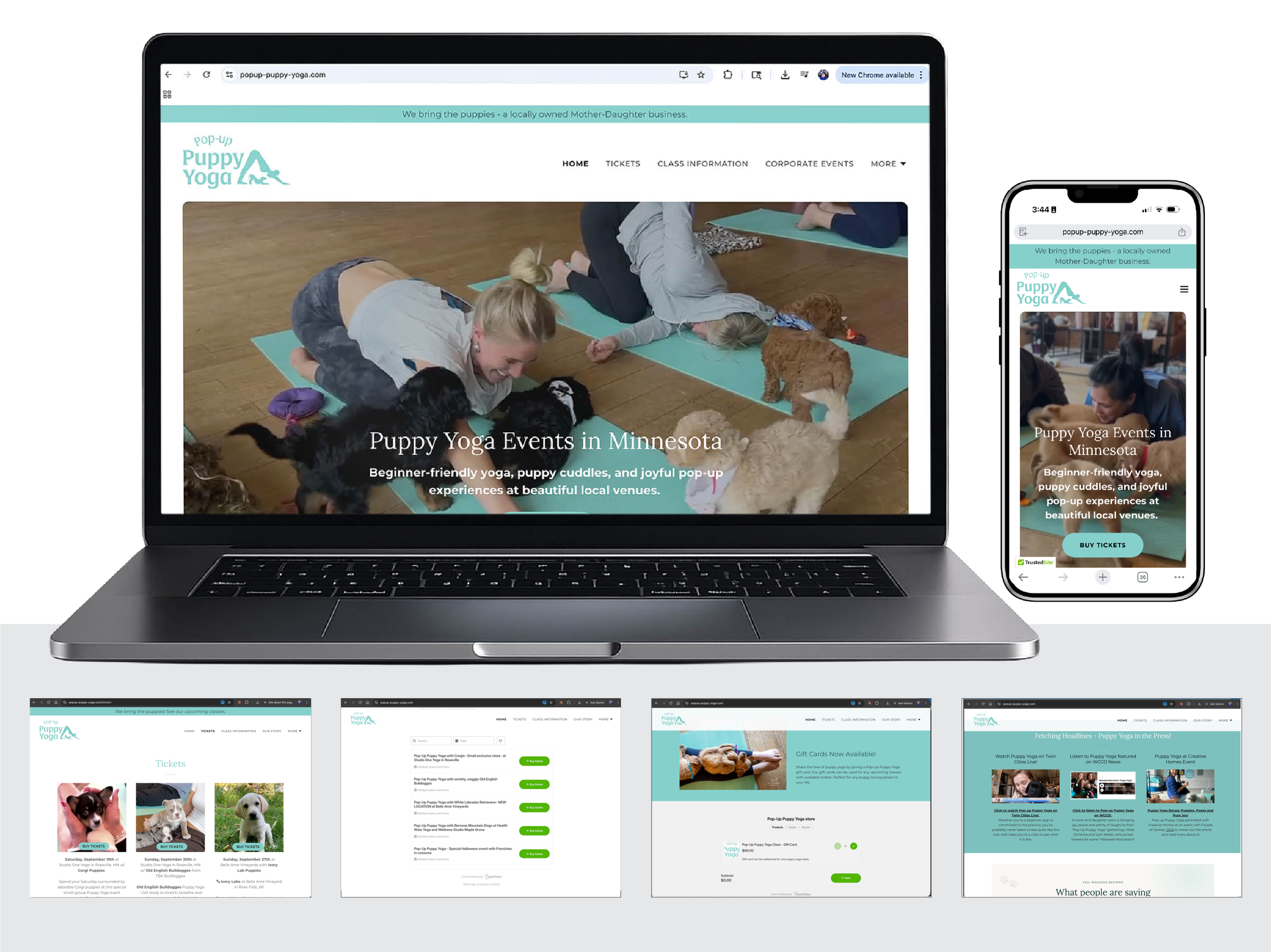 Pop-Up Puppy Yoga website design shown on desktop and mobile, with ticketing and event pages.