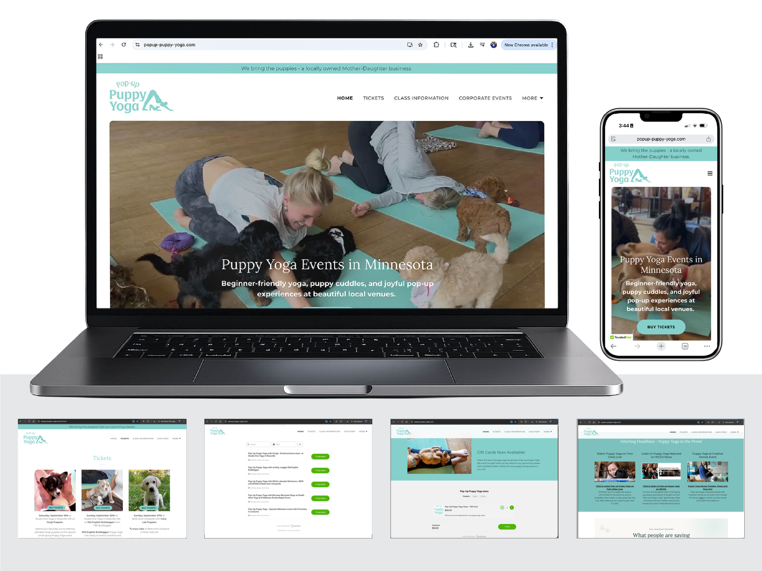 Pop-Up Puppy Yoga website shown on desktop and mobile, with ticketing and event pages.