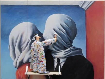 Zenith Gallery - Stephen Hansen-The Lovers, Magritte- 2016- painted paper mache and acrylic on canvas on panel-18h x 24 w x 2d-$2,800.jpg