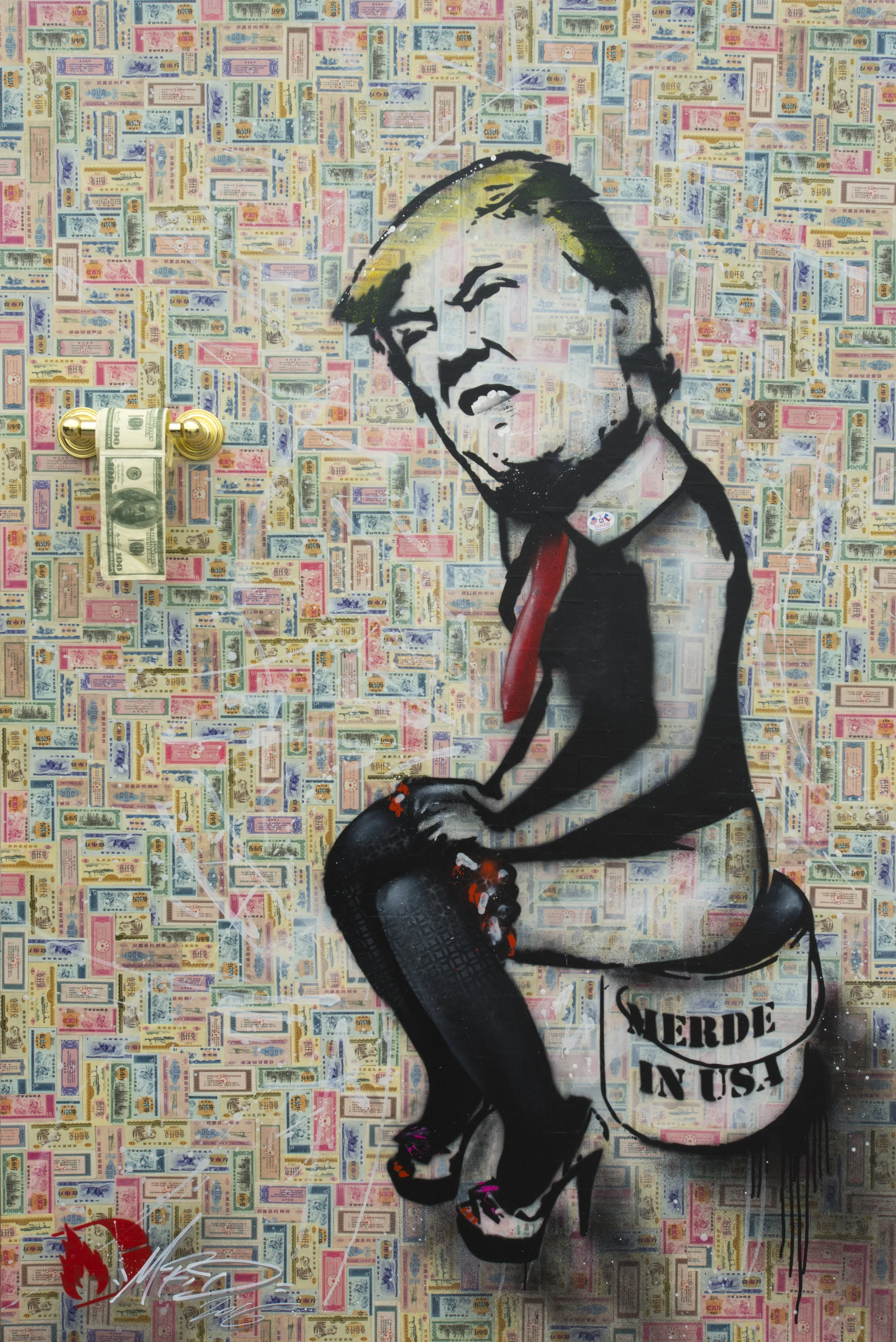 MrD1982 - Merde in USA - 2016 - Aerosol over Chinese currency - 48” x 60” - $16,900 .jpg