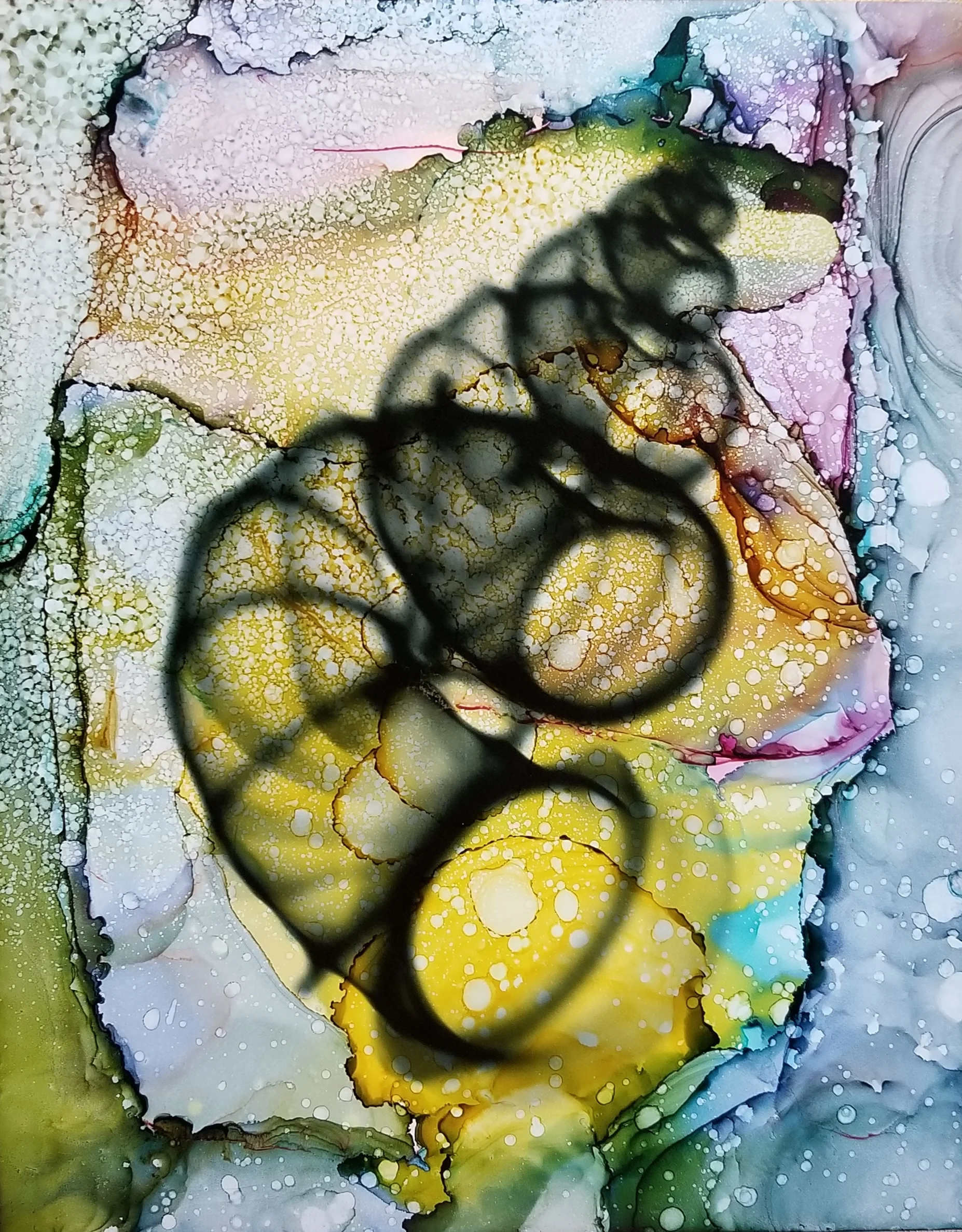 Sug. O_Shen - _Key West ll_, alcohol ink, charcoal, water from the source, on Yupo_ 12 x 15, 2018- $425..jpg