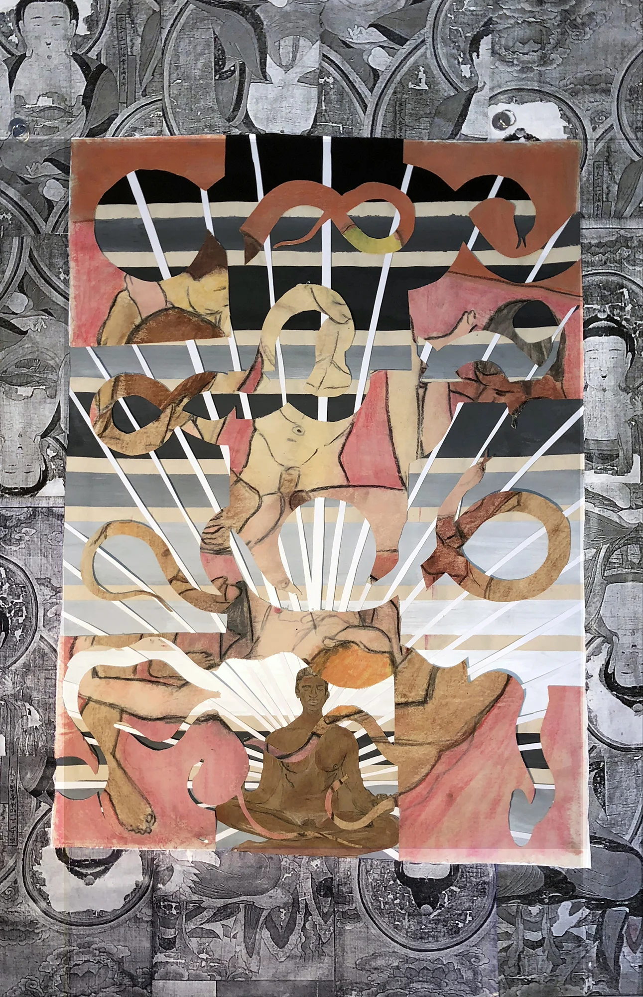TonyMichaleEstrada - Future buddhas 3 - 62.5 x 41 - mixed media_ pastel drawing on canvas cut outs floating in photo print assemblage frame with cardboard and canvas painting background - 2018 - $1500.jpg