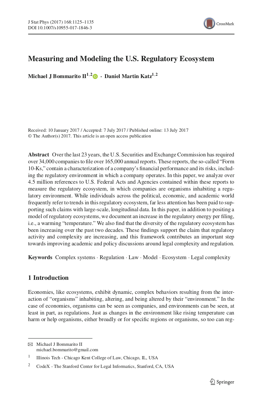 Michael Bommarito & Daniel Martin Katz , Measuring and Modeling the U.S. Regulatory Ecosystem, 168 Journal of Statistical Physics 1125 (2017) 