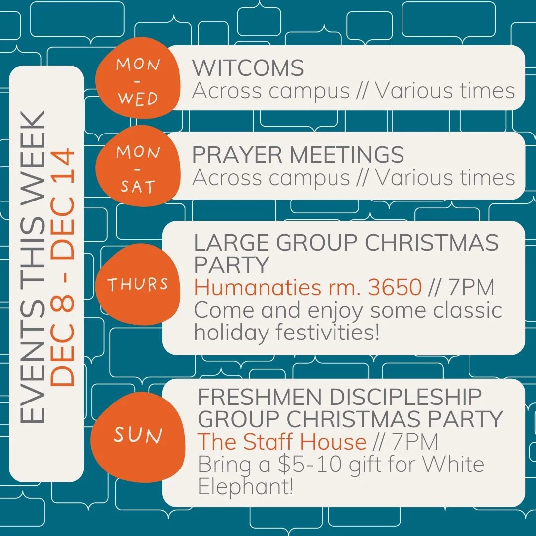 We are in the final stretch of the semester, let's finish strong!!! As we wrap up, don't let finals steal your holiday spirit! Join us for our CHRISTMAS PARTY this Thursday! Invite your friends too!