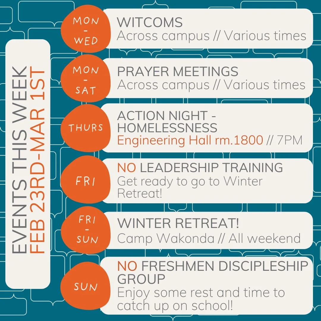 Woah, is it Monday again already??? Good news is that we have another PACKED week full of awesome events, check them out!

Shout out to our WINTER RETREAT this weekend! There is still time to sign up, so go to the link in our bio to fill out the form