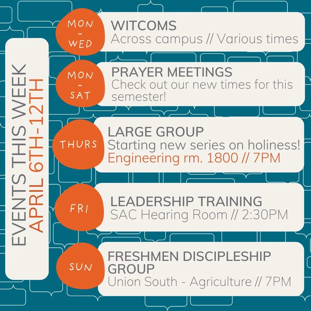 Welcome back Badgers!!! We hope you had an amazing spring break, and are so excited to hang out with us! We are back at it with a fun filled week, check it out!

Enjoy a little sneak peak into what our next Large Group series is all about 👀 see you 