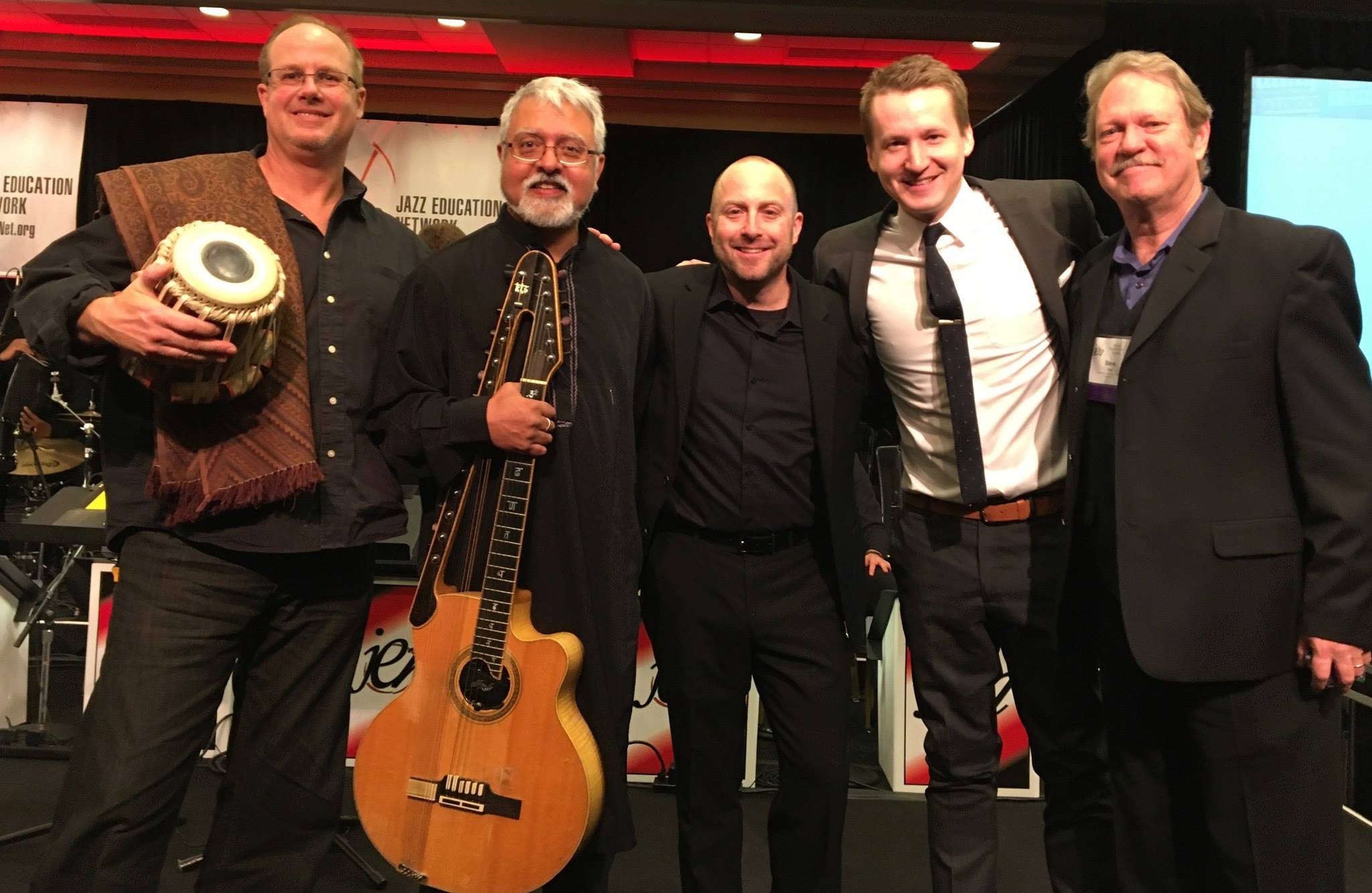 After performing as a guest artist with the CCM Jazz Ensemble at the Jazz Education Network conference in Louisville KY. L to R: Jim Feist, Fareed Haque, Scott Belck, me, Steve Allee