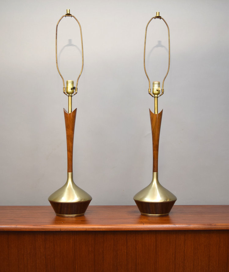 Pair of Mid-Century Genie Lamps in Walnut and Brass - SOLD