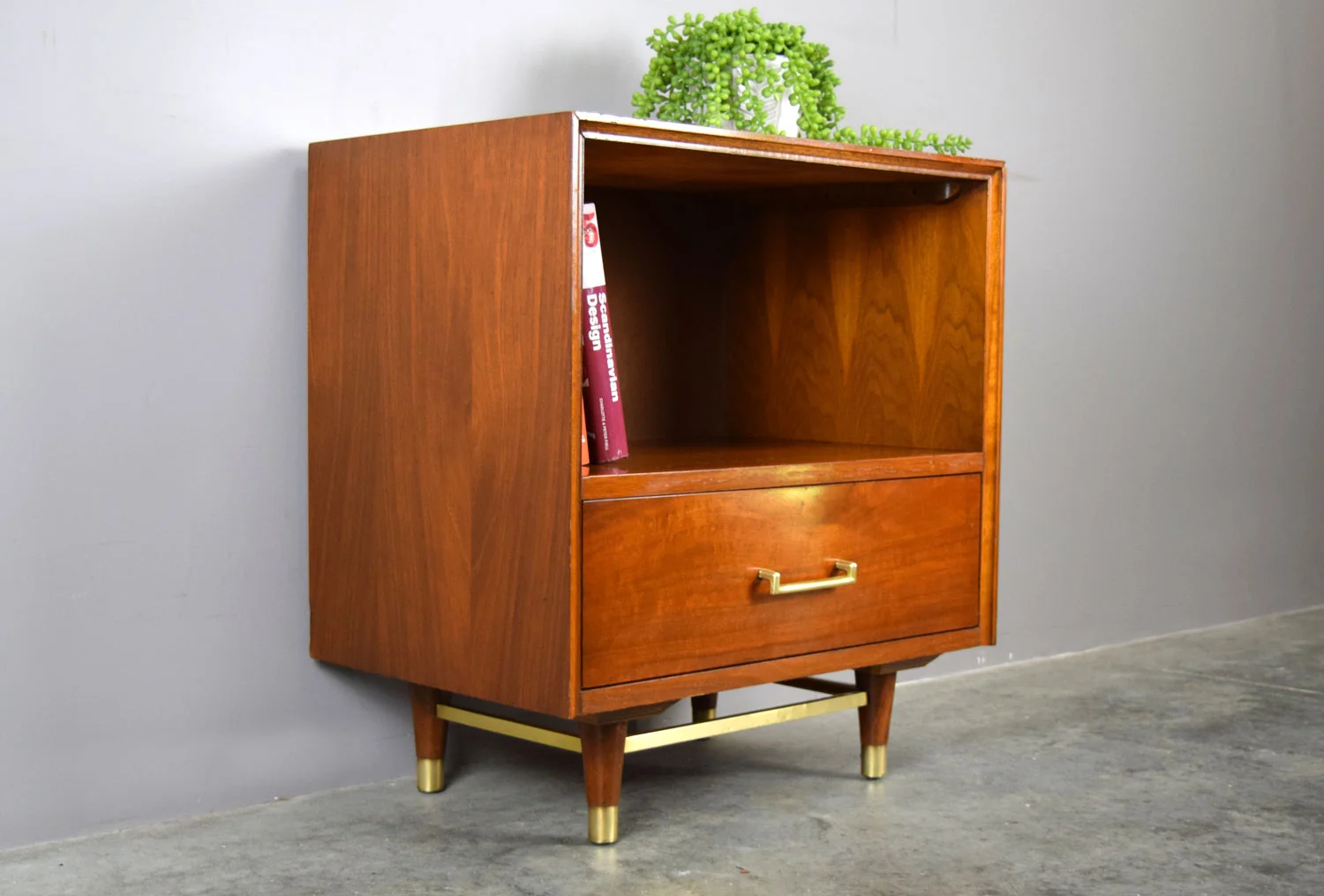 Walnut Brass Side Table Nightstand By Furnette Sold Vintage Modern Maine