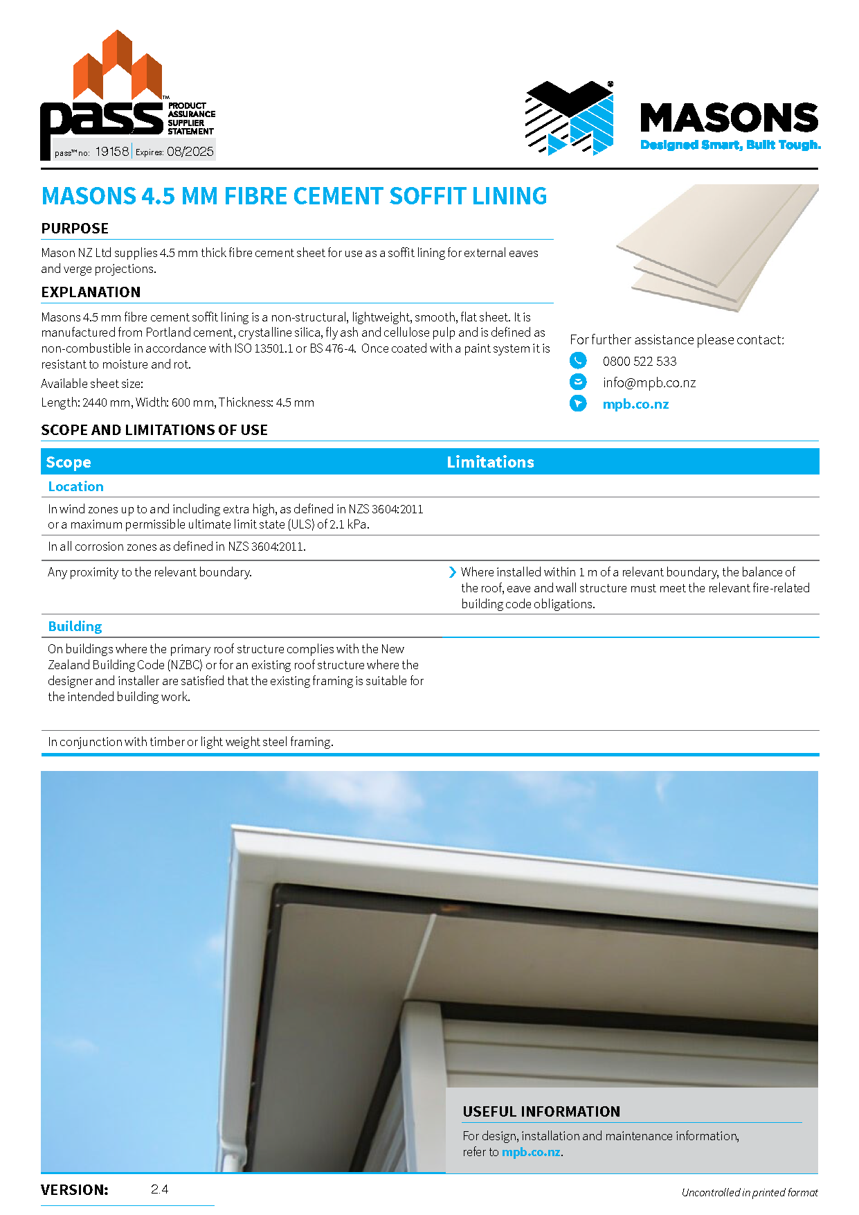 Masons 4.5 mm fibre cement soffit lining pass™