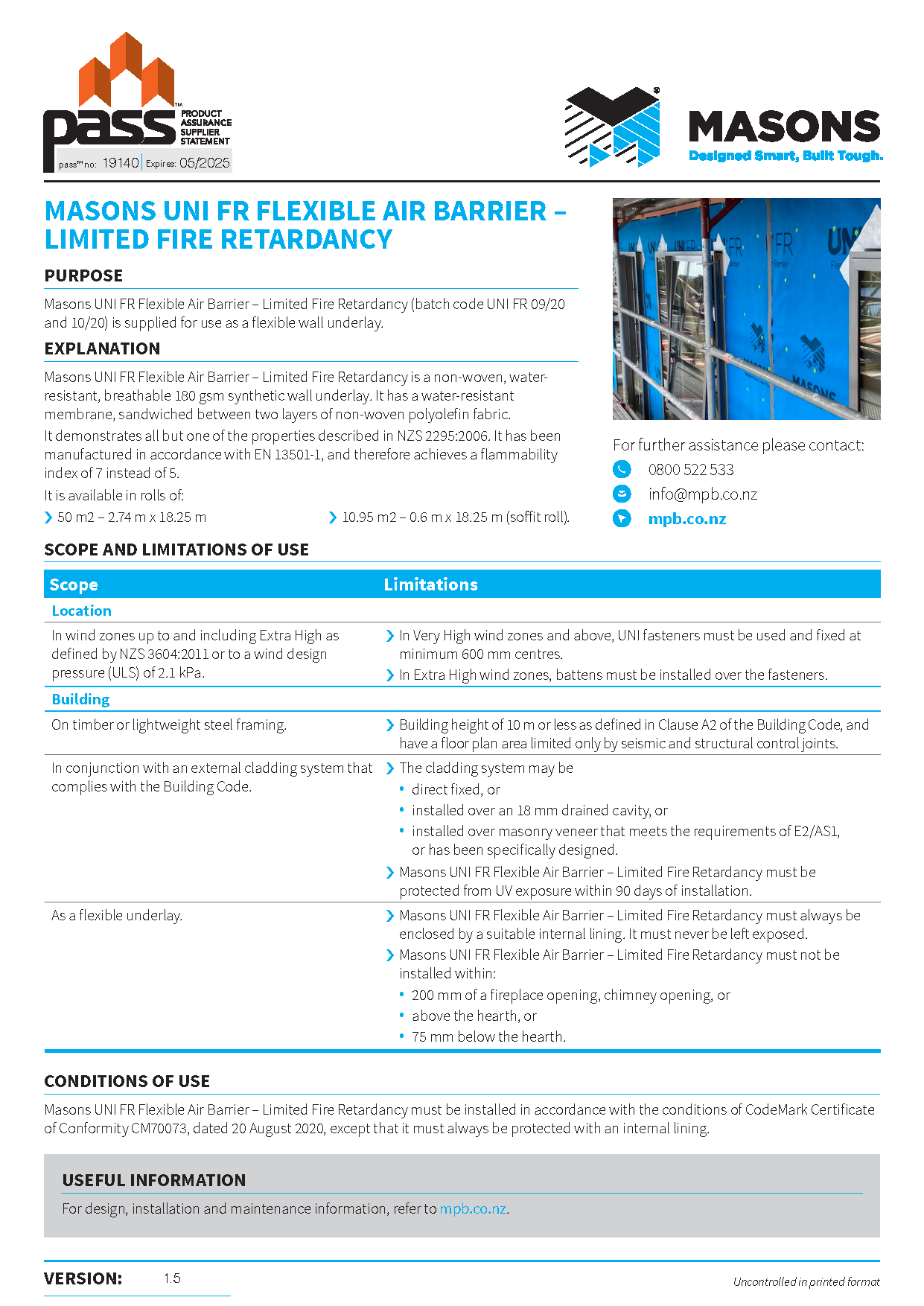 Masons UNI FR Flexible Air Barrier – Limited Fire Retardancy pass™