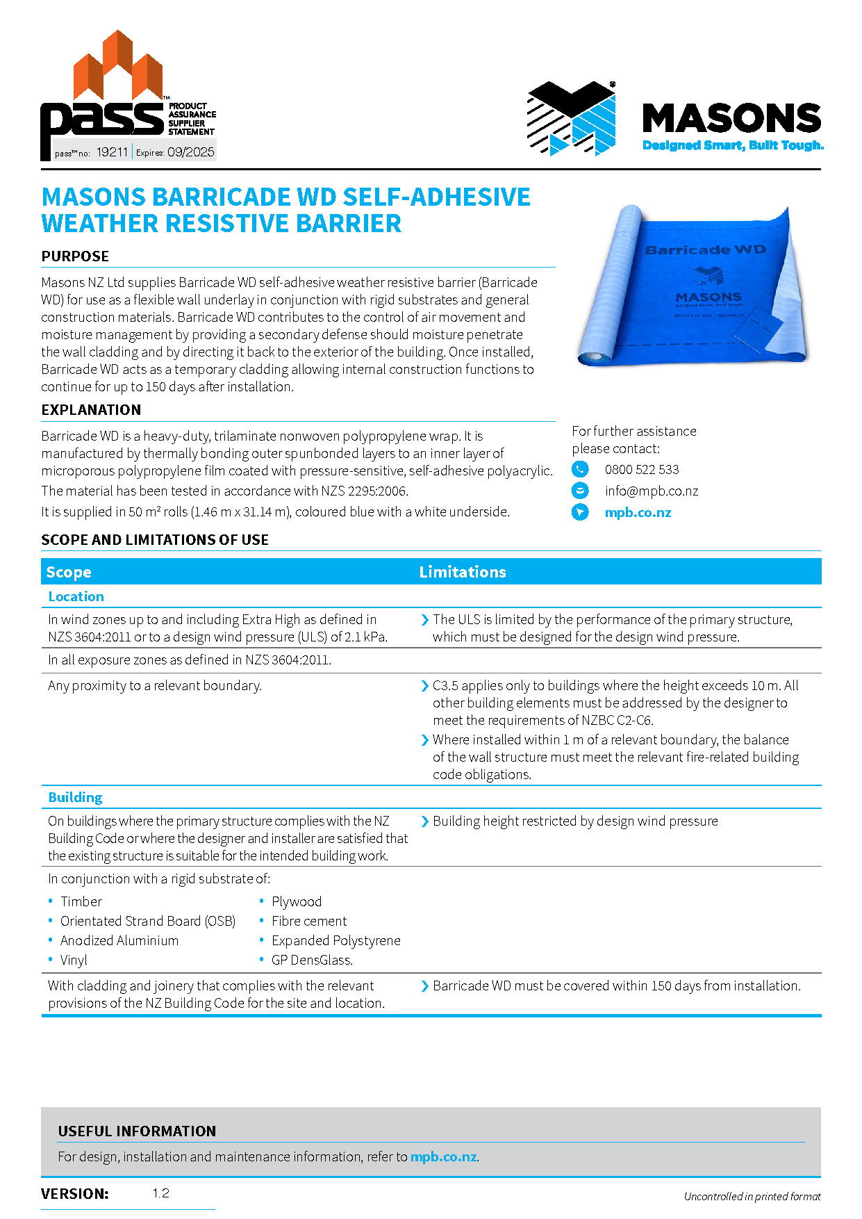 Masons Barricade WD self-adhesive weather resistive barrier pass™