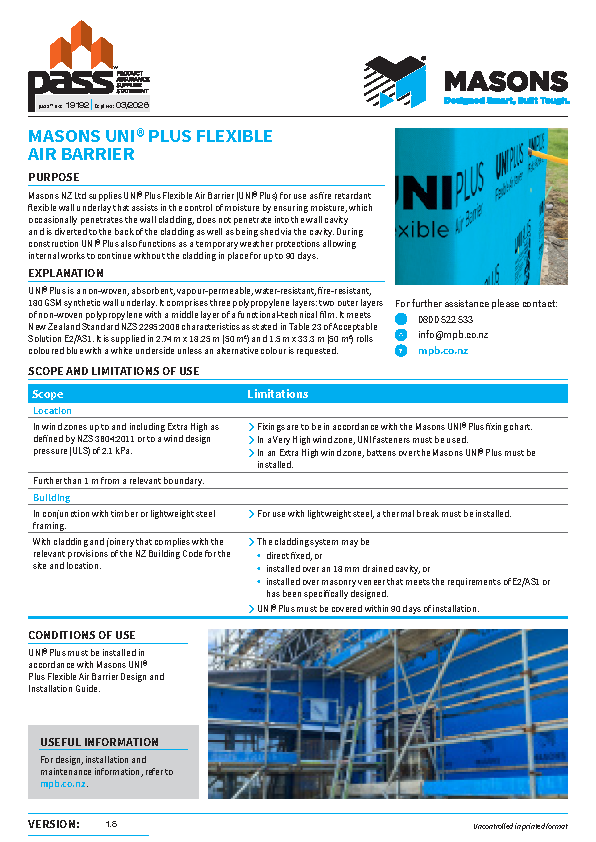 Masons UNI® Plus Flexible Air Barrier (UNI® Plus) pass™