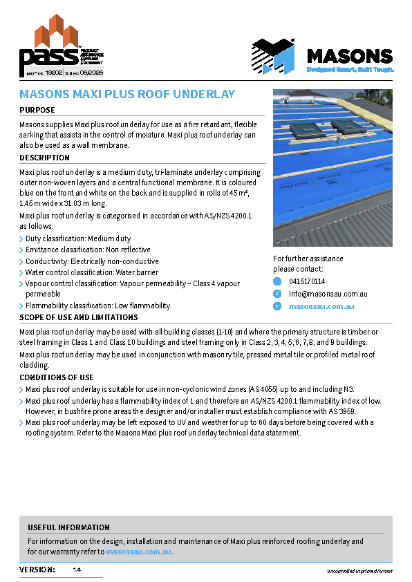 Masons Maxi Plus Roof Underlay (Australia) pass™