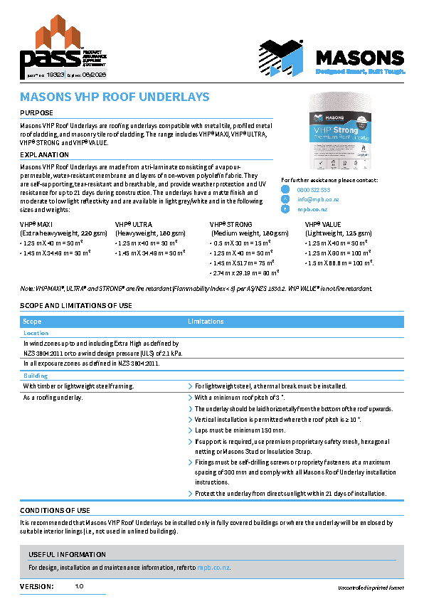 Masons VHP Roof Underlay pass™