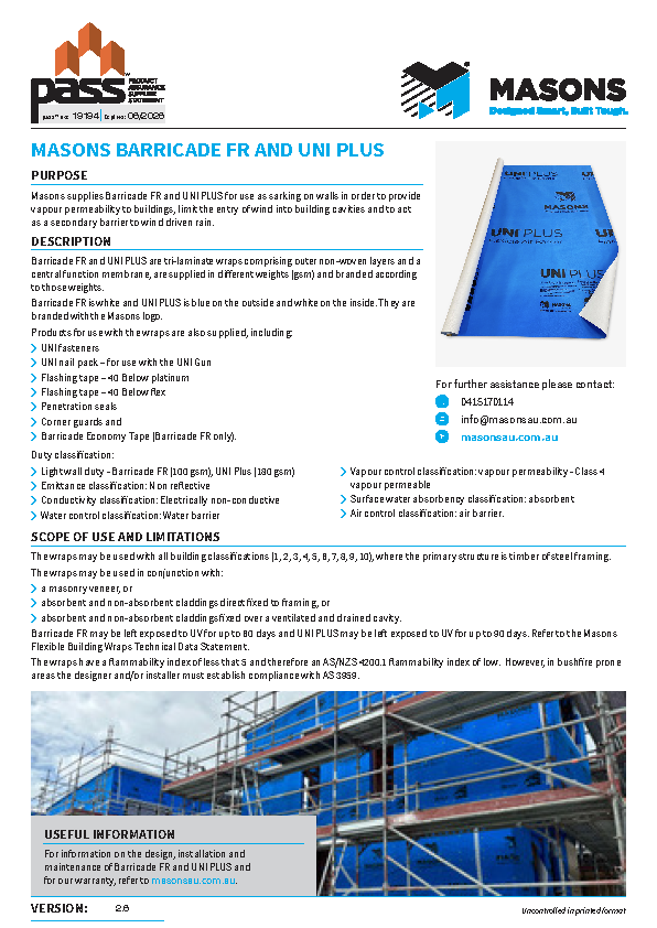 Masons Barricade FR and UNI Plus (Australia) pass™