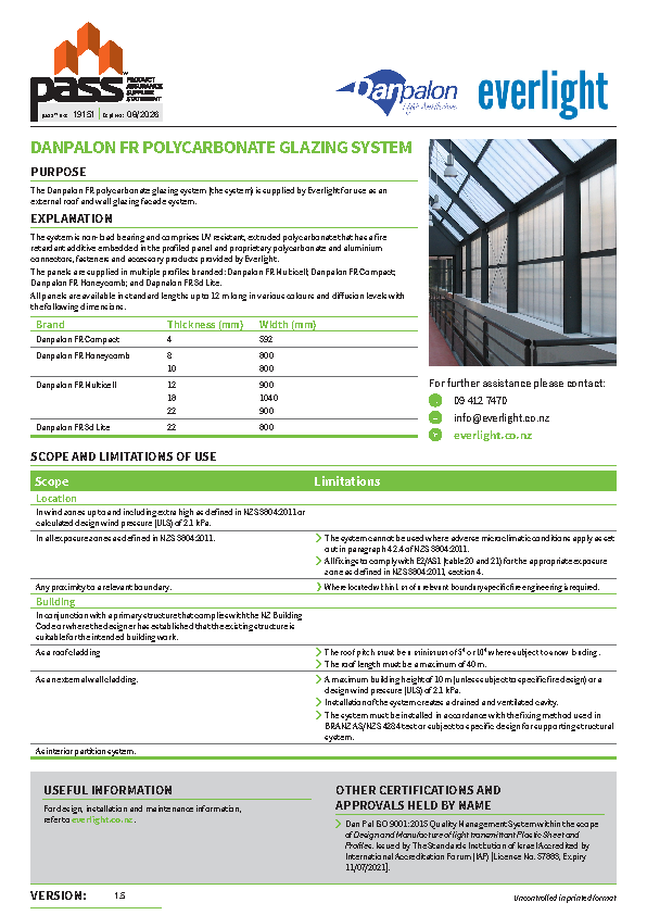 Danpalon FR Polycarbonate Glazing System pass™