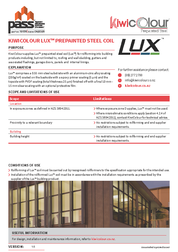 KiwiColour Lux™ Prepainted steel coil pass™