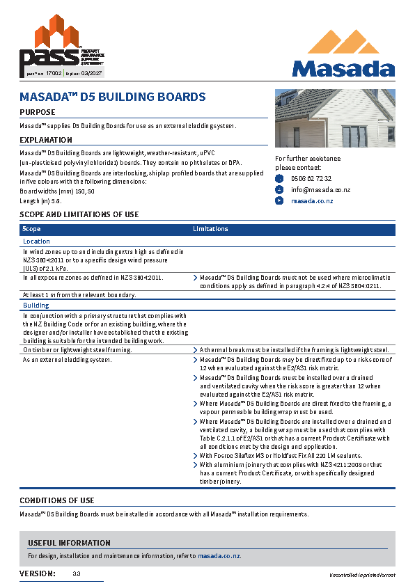Masada D5 Building Boards pass™ 