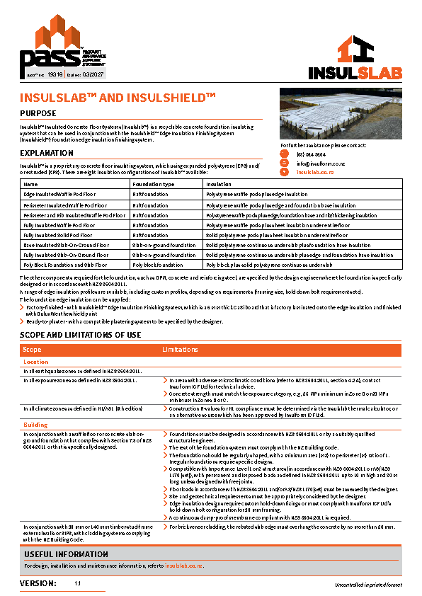 Insulform Insulslab and Insulshield pass
