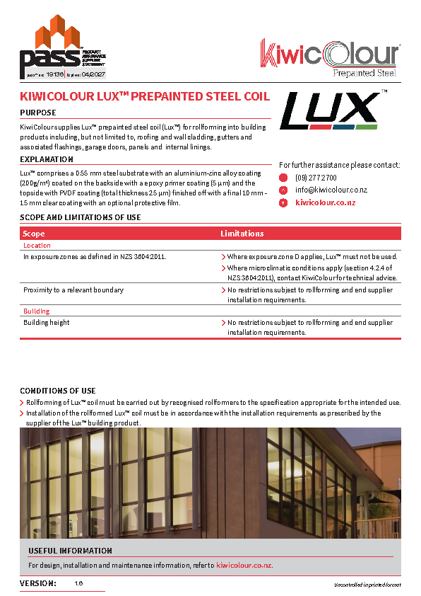 KiwiColour Lux™ Prepainted steel coil pass™