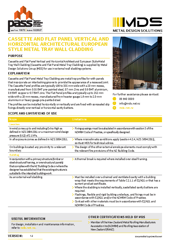 MDS Cassette and Flat Panel Vertical and Horizontal Wall Cladding pass