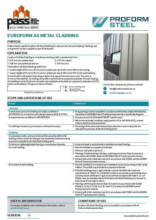 Proform Steel Euroform AS Metal Cladding pass