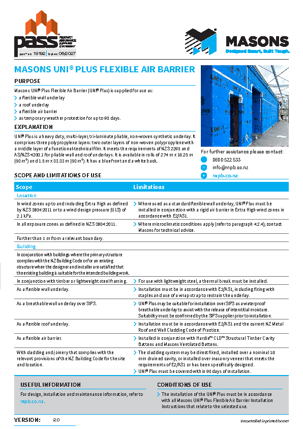 Masons UNI® Plus Flexible Air Barrier (UNI® Plus) pass™
